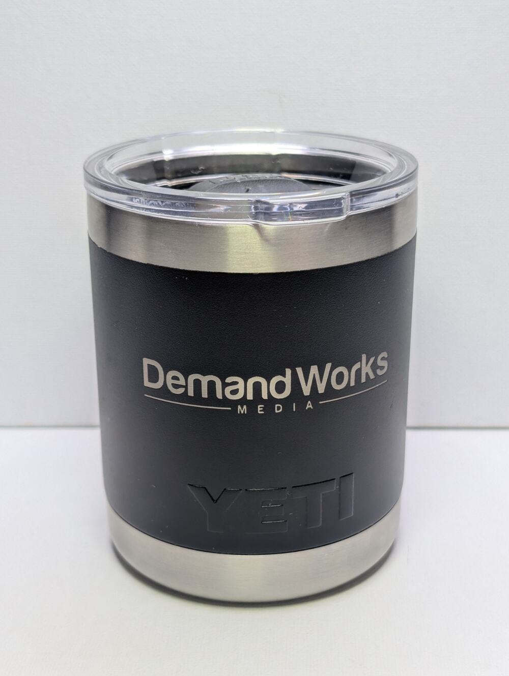 YETI Rambler 10 oz Lowball Black TumblerMagSlider Lid DemandWorks Media Logo